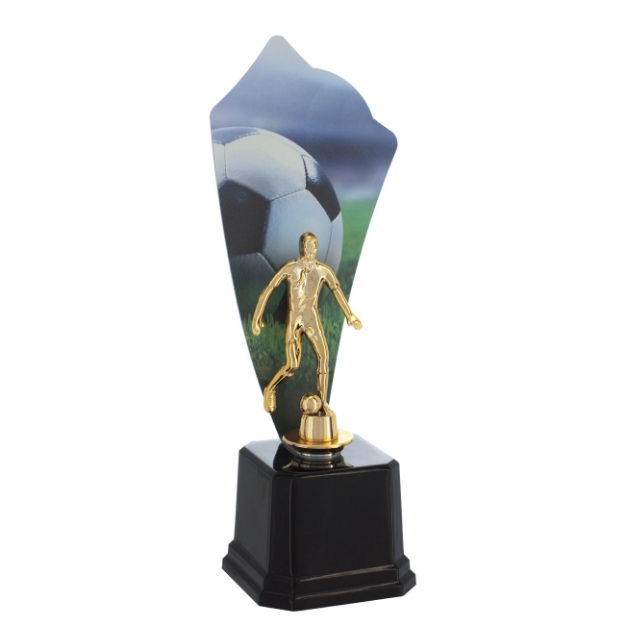 Imagem de TROFÉU EM POLÍMERO COM CHAPA DE METAL ESTAMPADA EM VINIL E ESTATUETA DE JOGADOR DE FUTEBOL - PERSONALIZADO - 32 CM - 402003-FT